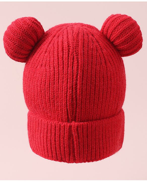 Pine Kids Cable Knit Design Woollen Cap with Pom Pom Red - Diameter 13 cm