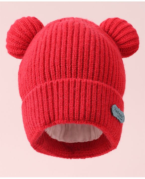 Pine Kids Cable Knit Design Woollen Cap with Pom Pom Red - Diameter 13 cm