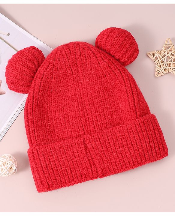 Pine Kids Cable Knit Design Woollen Cap with Pom Pom Red - Diameter 13 cm