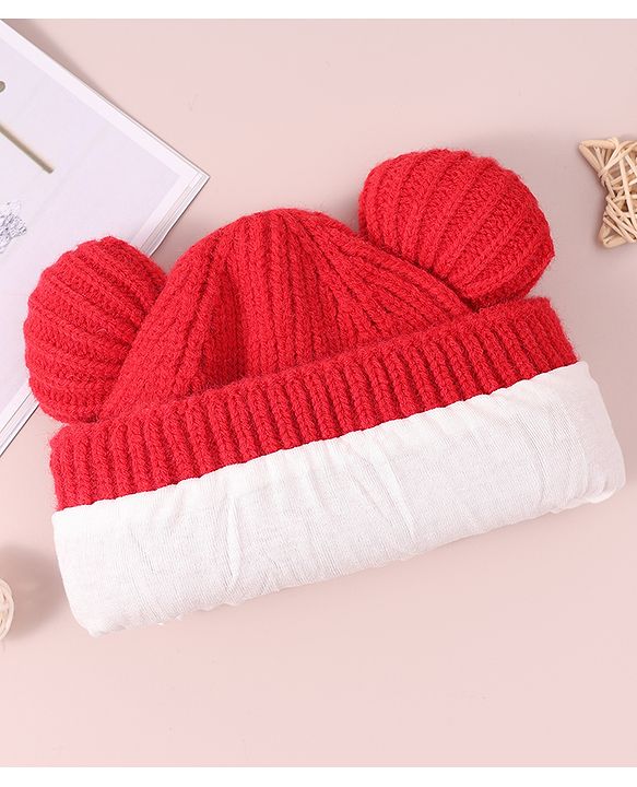 Pine Kids Cable Knit Design Woollen Cap with Pom Pom Red - Diameter 13 cm