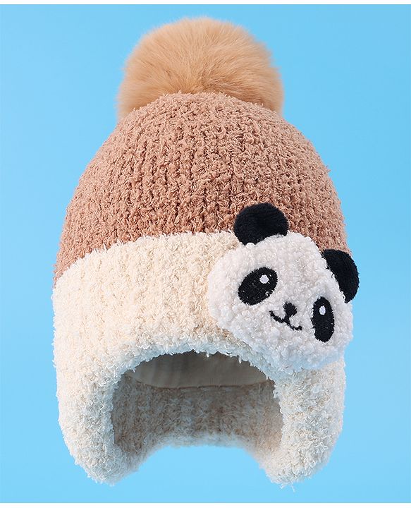 Babyhug Woolen Cap With Pom Pom & Panda Applique - Light Brown