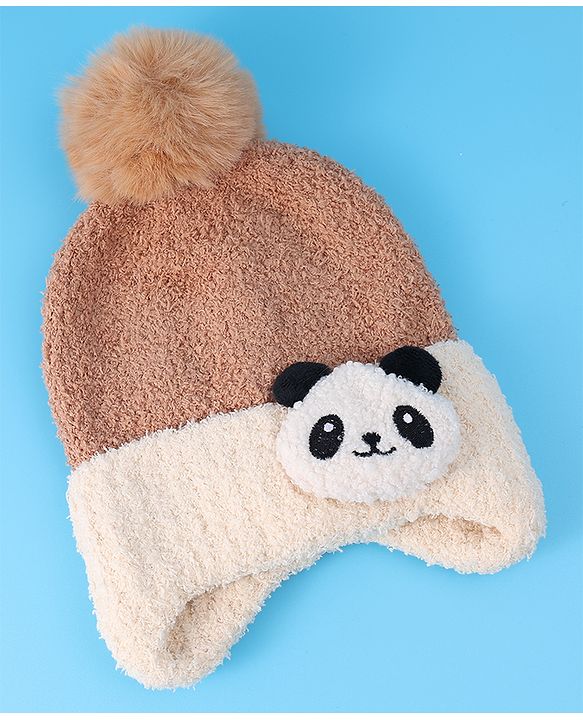 Babyhug Woolen Cap With Pom Pom & Panda Applique - Light Brown