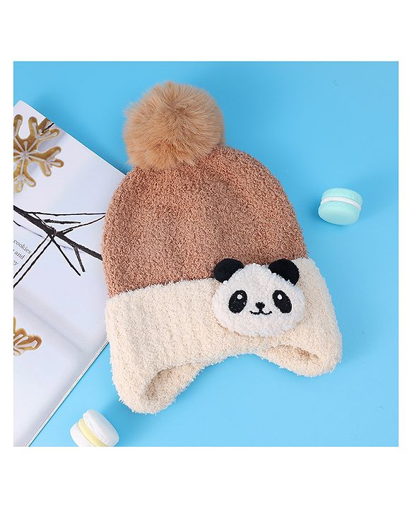 Babyhug Woolen Cap With Pom Pom & Panda Applique - Light Brown