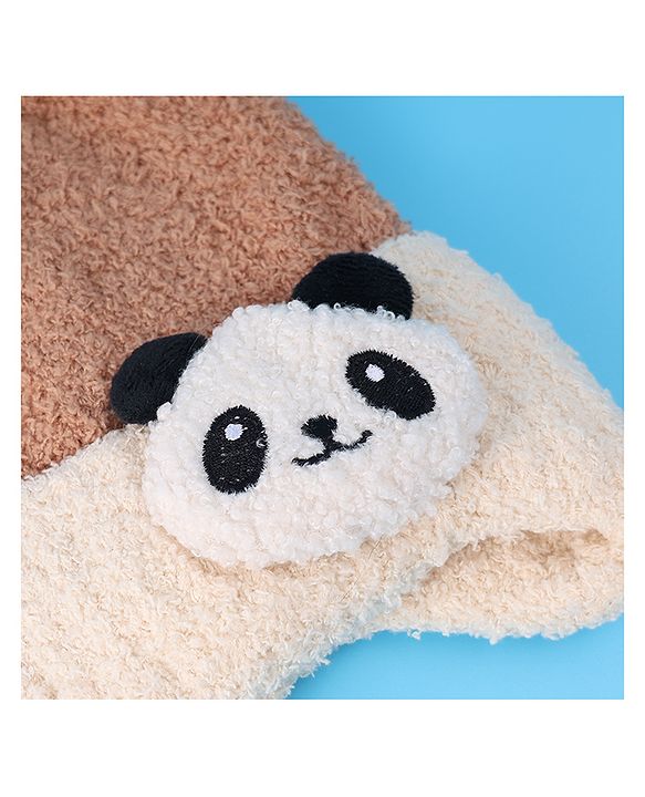 Babyhug Woolen Cap With Pom Pom & Panda Applique - Light Brown