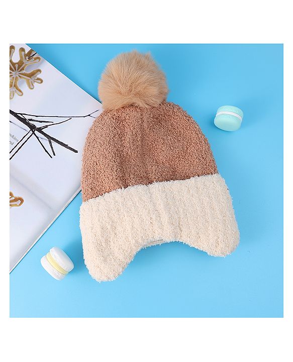 Babyhug Woolen Cap With Pom Pom & Panda Applique - Light Brown