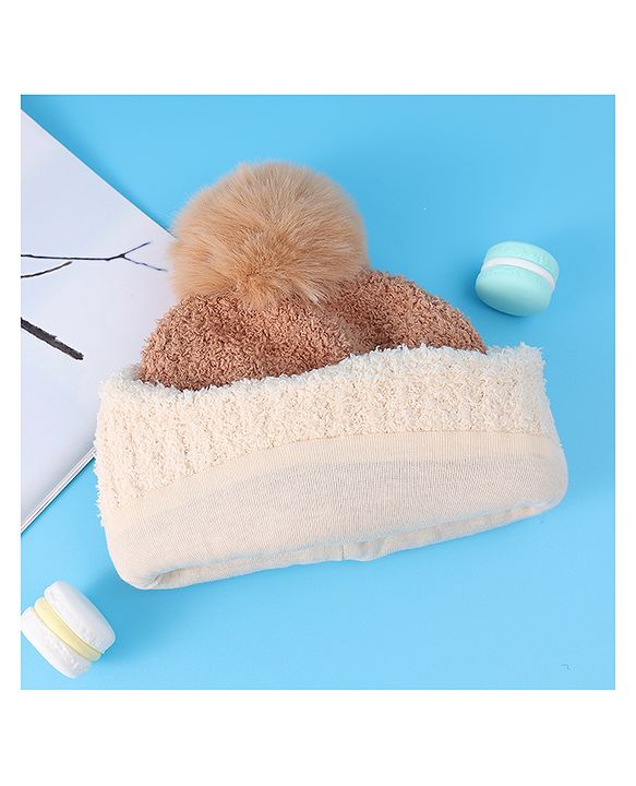 Babyhug Woolen Cap With Pom Pom & Panda Applique - Light Brown