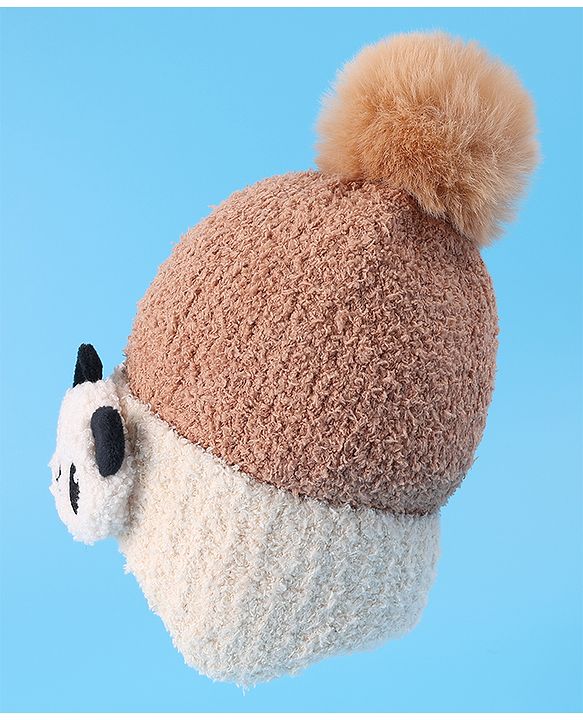Babyhug Woolen Cap With Pom Pom & Panda Applique - Light Brown
