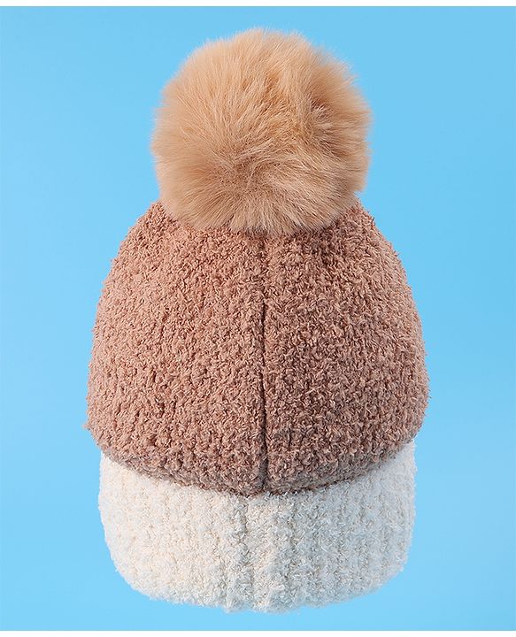 Babyhug Woolen Cap With Pom Pom & Panda Applique - Light Brown
