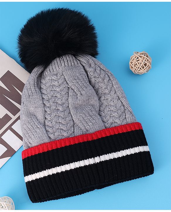 Pine Kids Woollen Cap With Pom Pom & Cable Knit Design Grey - Diameter 16 cm