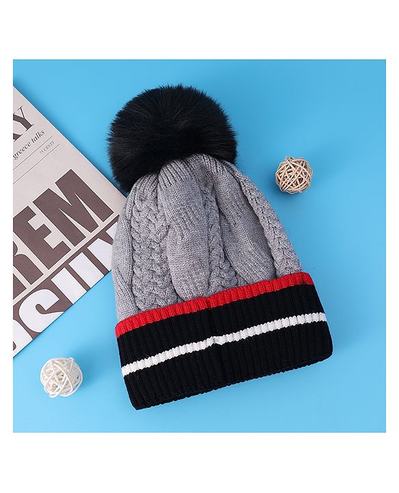 Pine Kids Woollen Cap With Pom Pom & Cable Knit Design Grey - Diameter 16 cm