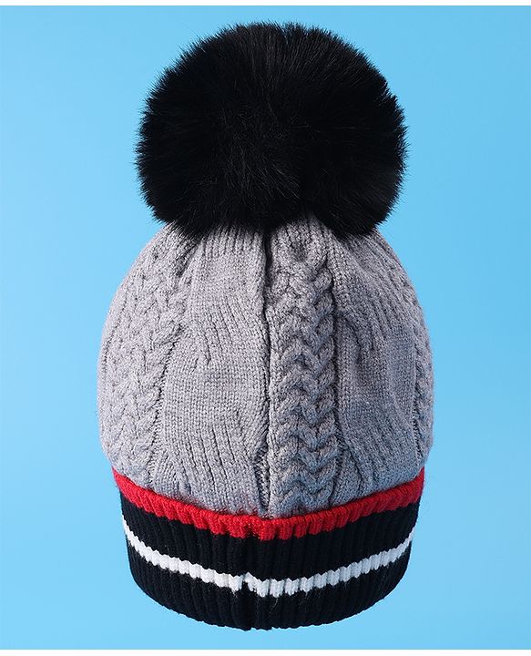 Pine Kids Woollen Cap With Pom Pom & Cable Knit Design Grey - Diameter 16 cm