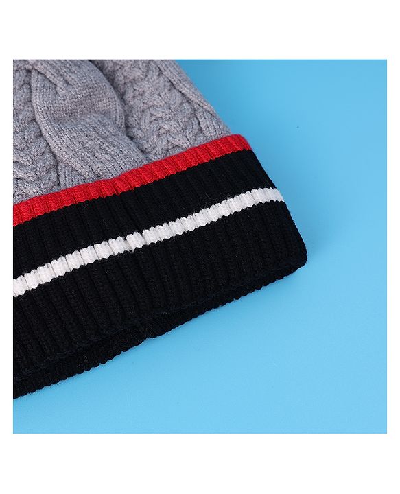 Pine Kids Woollen Cap With Pom Pom & Cable Knit Design Grey - Diameter 16 cm