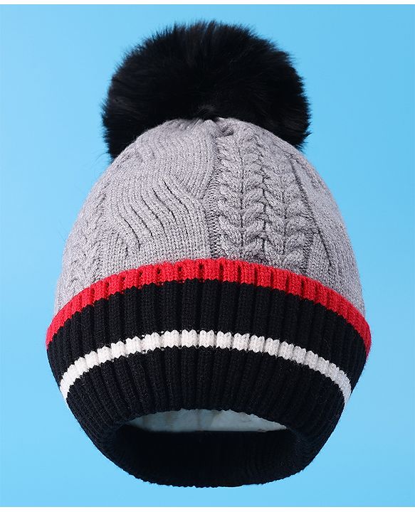 Pine Kids Woollen Cap With Pom Pom & Cable Knit Design Grey - Diameter 16 cm