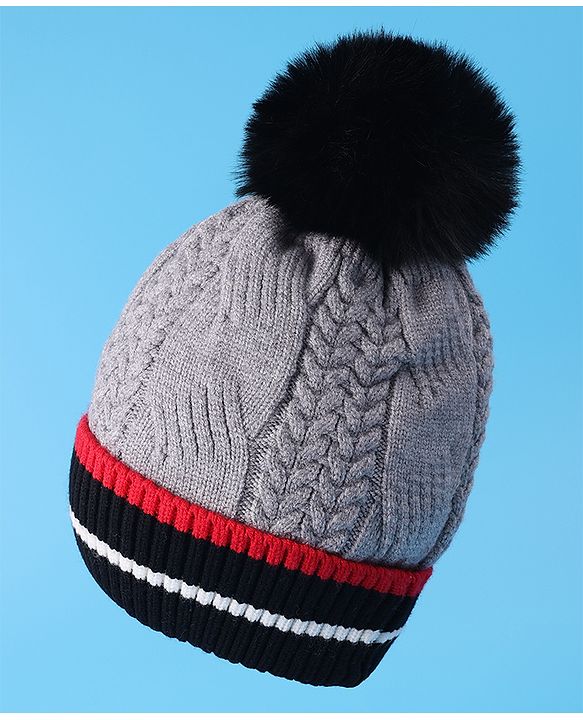 Pine Kids Woollen Cap With Pom Pom & Cable Knit Design Grey - Diameter 16 cm