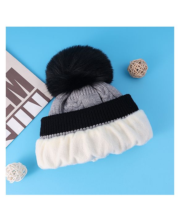 Pine Kids Woollen Cap With Pom Pom & Cable Knit Design Grey - Diameter 16 cm