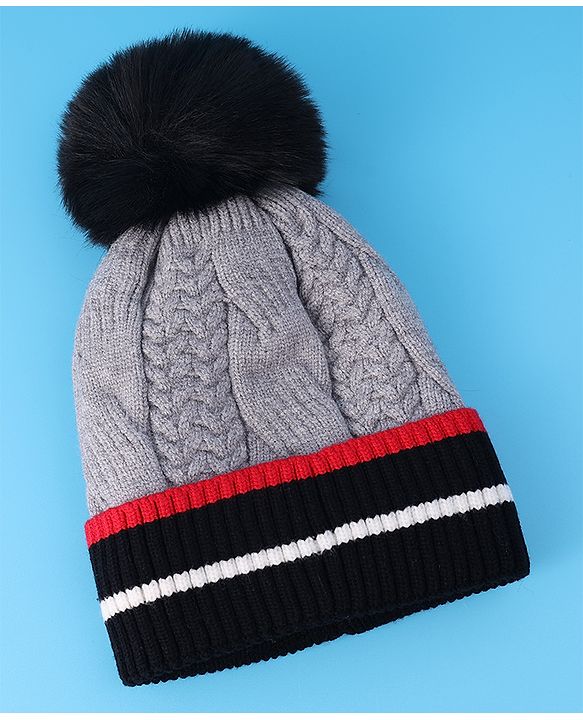 Pine Kids Woollen Cap With Pom Pom & Cable Knit Design Grey - Diameter 16 cm