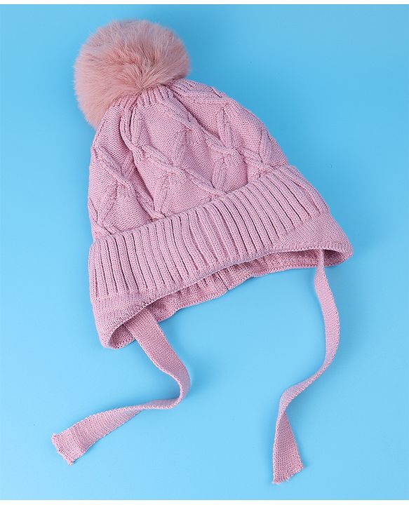 Pine Kids Woollen Cap With Knot With Cable Knit Design & Pom Pom Applique Pink - Diameter 17 cm