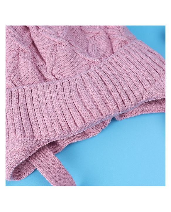 Pine Kids Woollen Cap With Knot With Cable Knit Design & Pom Pom Applique Pink - Diameter 17 cm