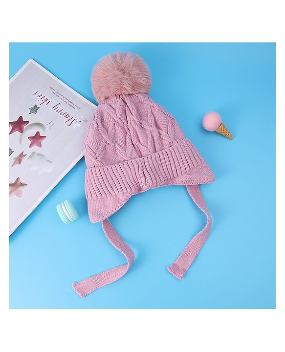 Pine Kids Woollen Cap With Knot With Cable Knit Design & Pom Pom Applique Pink - Diameter 17 cm
