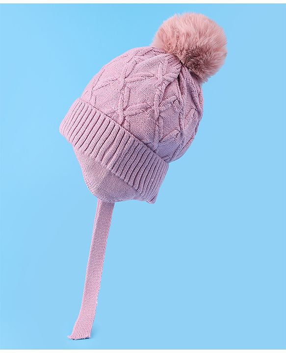 Pine Kids Woollen Cap With Knot With Cable Knit Design & Pom Pom Applique Pink - Diameter 17 cm