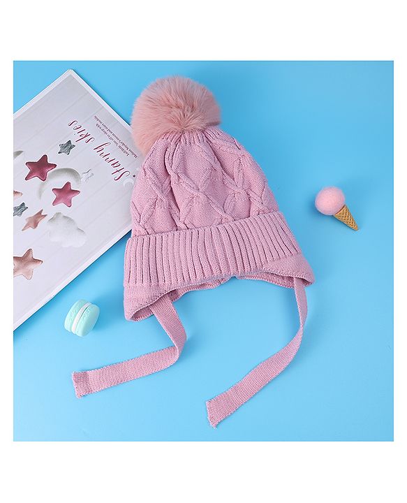 Pine Kids Woollen Cap With Knot With Cable Knit Design & Pom Pom Applique Pink - Diameter 17 cm