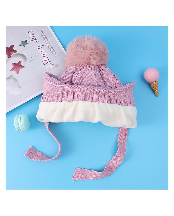 Pine Kids Woollen Cap With Knot With Cable Knit Design & Pom Pom Applique Pink - Diameter 17 cm