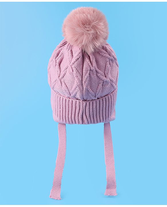 Pine Kids Woollen Cap With Knot With Cable Knit Design & Pom Pom Applique Pink - Diameter 17 cm
