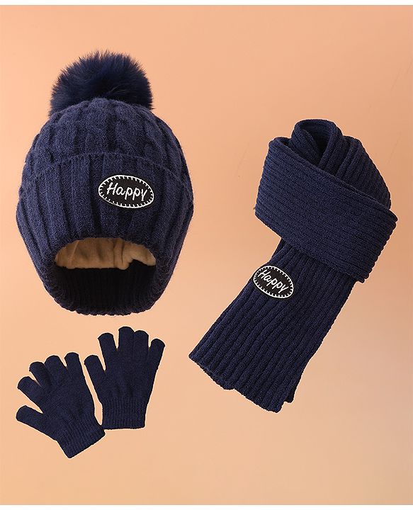 Pine Kids Woollen Cap & Muffler Set With Gloves Navy Blue - Diameter 16 cm