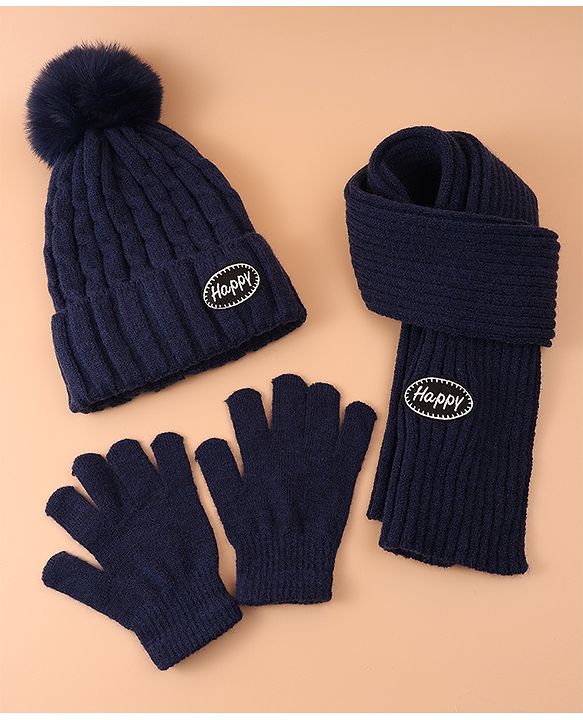 Pine Kids Woollen Cap & Muffler Set With Gloves Navy Blue - Diameter 16 cm