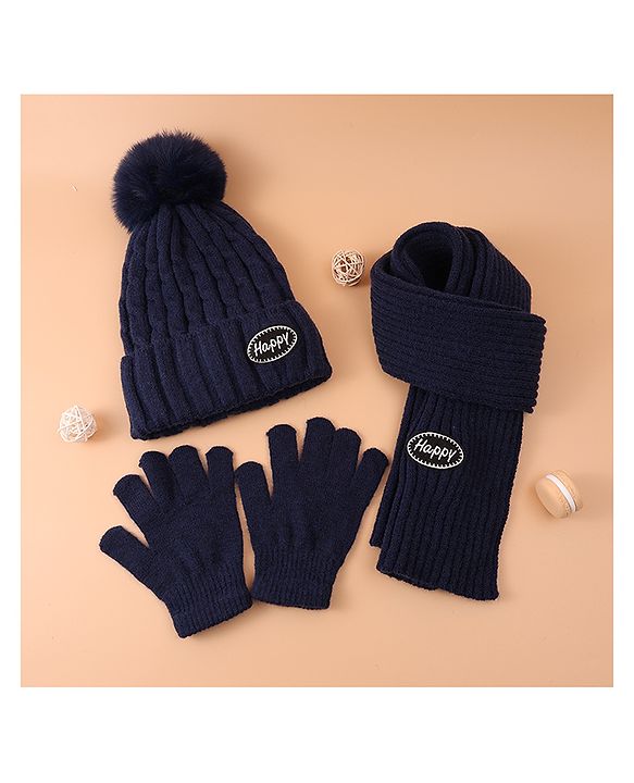 Pine Kids Woollen Cap & Muffler Set With Gloves Navy Blue - Diameter 16 cm