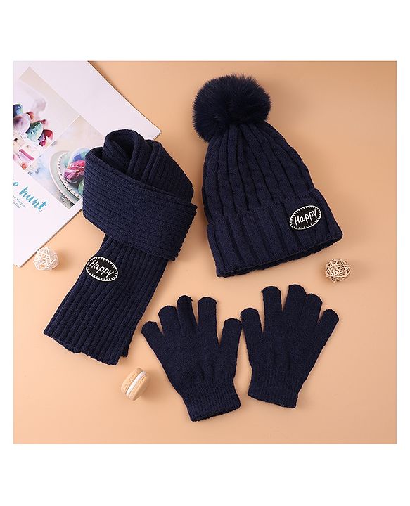 Pine Kids Woollen Cap & Muffler Set With Gloves Navy Blue - Diameter 16 cm