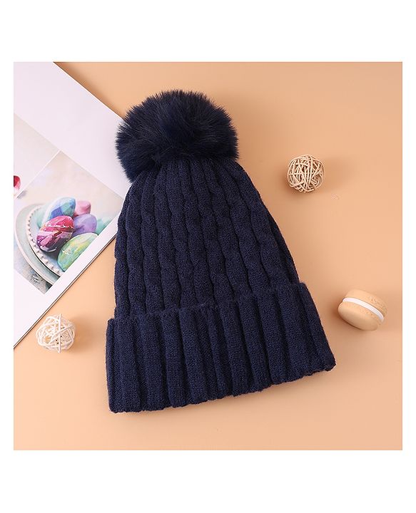 Pine Kids Woollen Cap & Muffler Set With Gloves Navy Blue - Diameter 16 cm