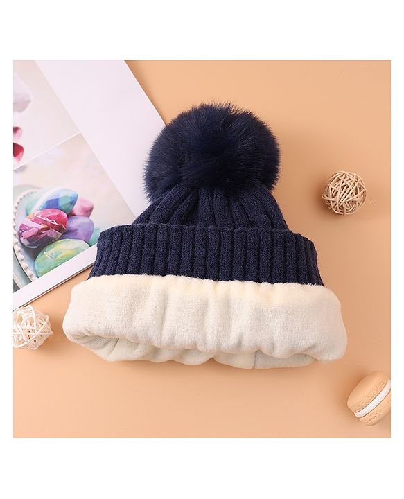 Pine Kids Woollen Cap & Muffler Set With Gloves Navy Blue - Diameter 16 cm