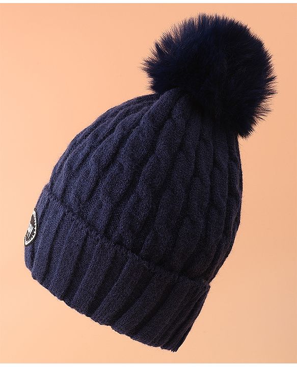 Pine Kids Woollen Cap & Muffler Set With Gloves Navy Blue - Diameter 16 cm