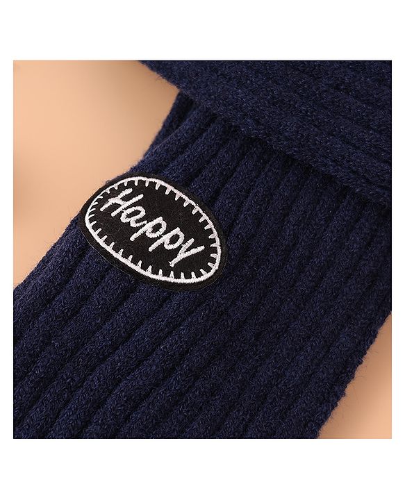 Pine Kids Woollen Cap & Muffler Set With Gloves Navy Blue - Diameter 16 cm