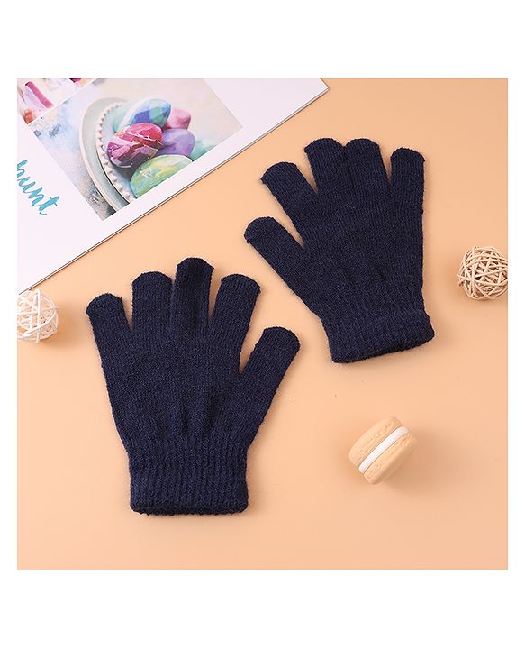 Pine Kids Woollen Cap & Muffler Set With Gloves Navy Blue - Diameter 16 cm