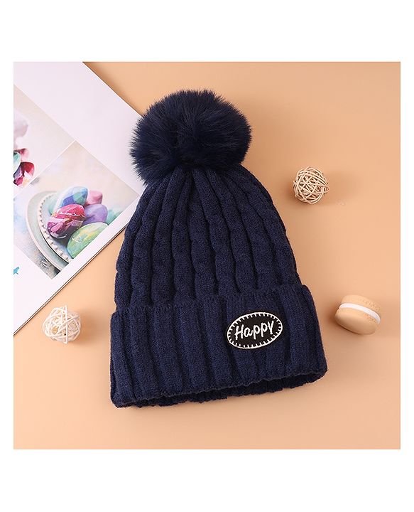 Pine Kids Woollen Cap & Muffler Set With Gloves Navy Blue - Diameter 16 cm