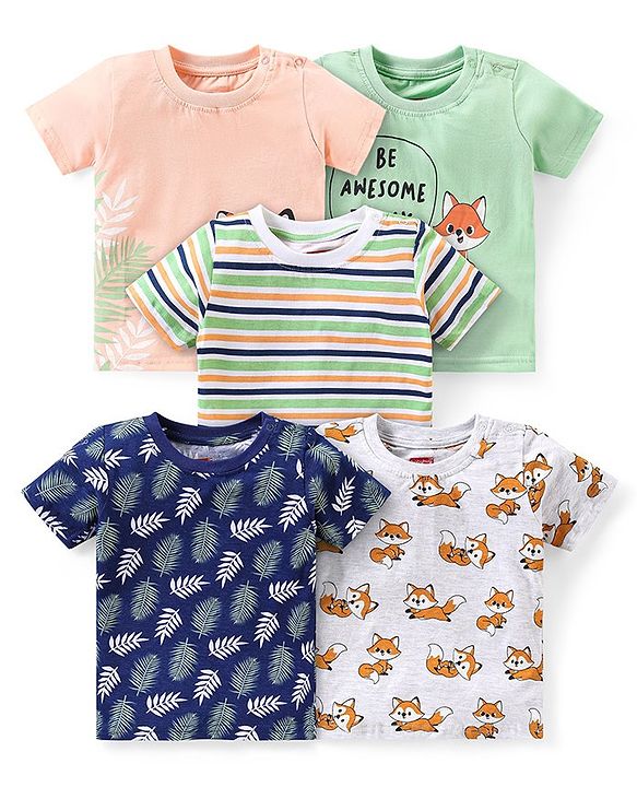 Babyhug Cotton Knit Half Sleeves T-Shirts With Leafy Graphics Pack of 5 - Multicolor