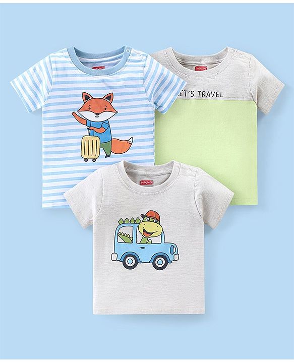 Babyhug Cotton Knit Half Sleeves T-Shirt with Vehicle & Fox Print Pack of 3 - Multicolor