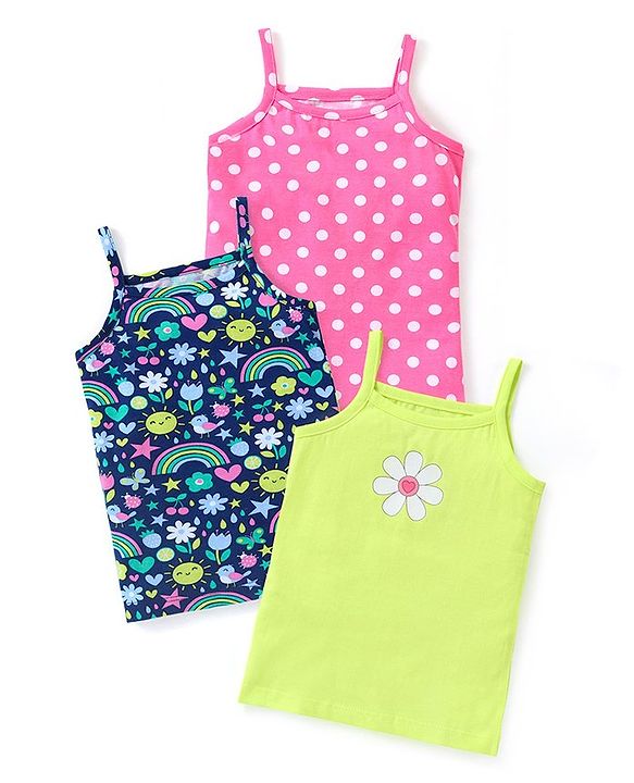 Babyhug 100% Cotton Knit Sleeveless Slip with Floral and Polka Dots Print Pack of 3 - Multicolor