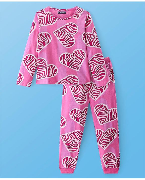 Pine Kids Cotton Knit Full Sleeves Night Suit with Hearts Print - Sachet Pink