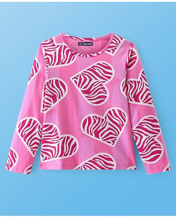 Pine Kids Cotton Knit Full Sleeves Night Suit with Hearts Print - Sachet Pink
