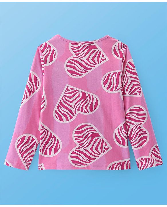 Pine Kids Cotton Knit Full Sleeves Night Suit with Hearts Print - Sachet Pink