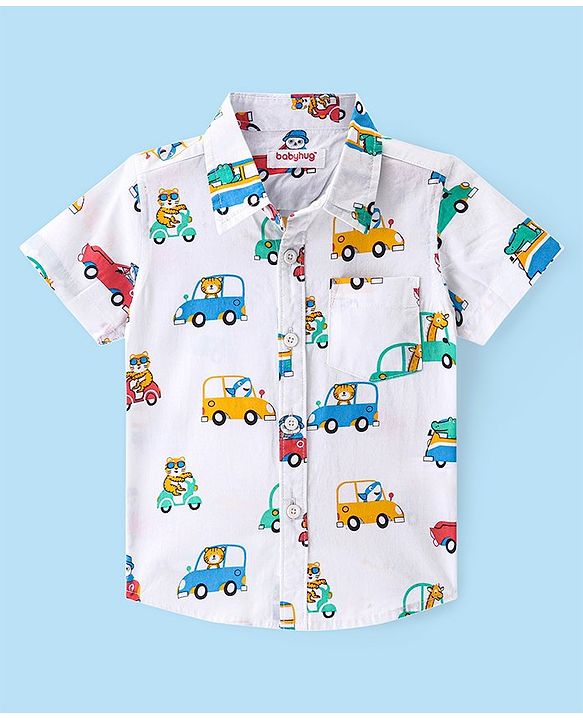 Babyhug Cotton Woven Half Sleeves Regular Collar Shirt With Cars Print - White