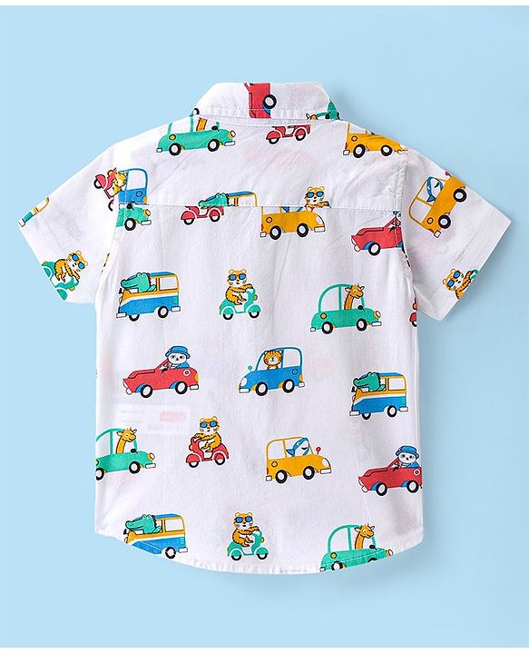 Babyhug Cotton Woven Half Sleeves Regular Collar Shirt With Cars Print - White