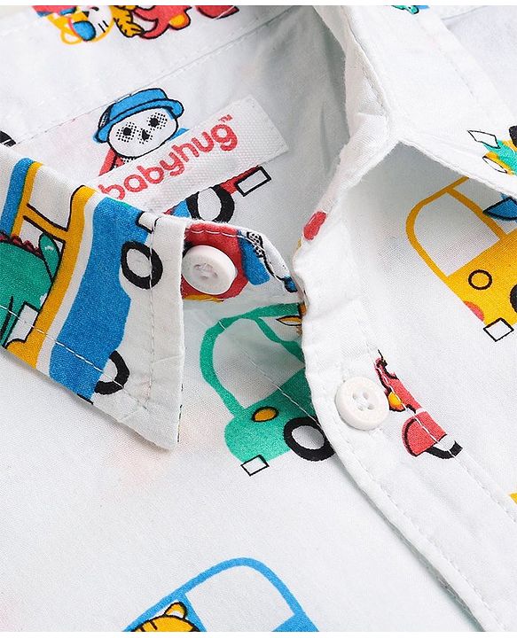 Babyhug Cotton Woven Half Sleeves Regular Collar Shirt With Cars Print - White
