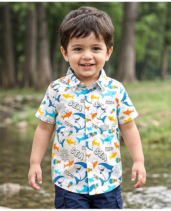 Babyhug Cotton Woven Half Sleeves Shirt With Shark Print - Multicolor
