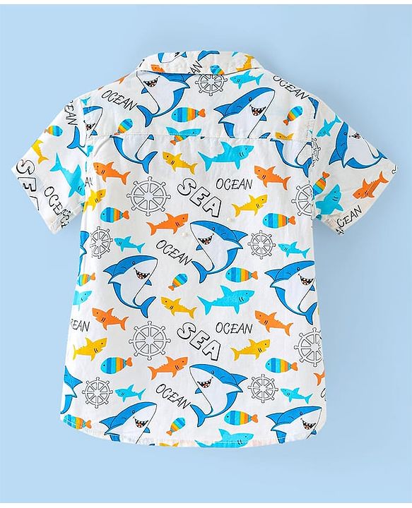 Babyhug Cotton Woven Half Sleeves Shirt With Shark Print - Multicolor