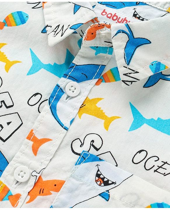 Babyhug Cotton Woven Half Sleeves Shirt With Shark Print - Multicolor