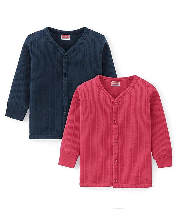 Babyhug Full Sleeves Front Open Solid Colour Thermal Vests Pack of 2 - Red & Navy